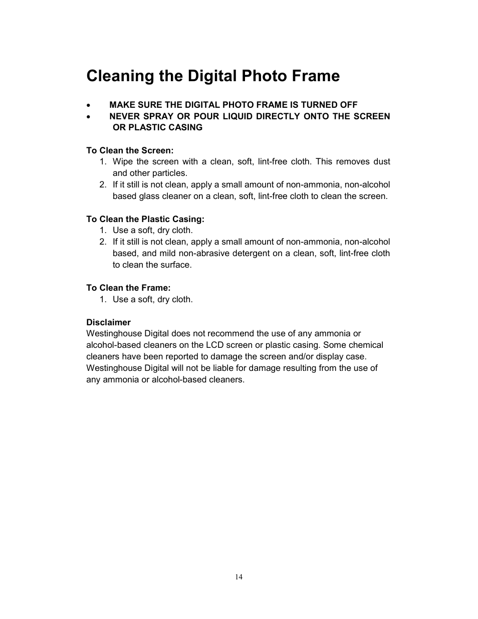 Cleaning the digital photo frame | Westinghouse DPF-0702 User Manual | Page 15 / 48