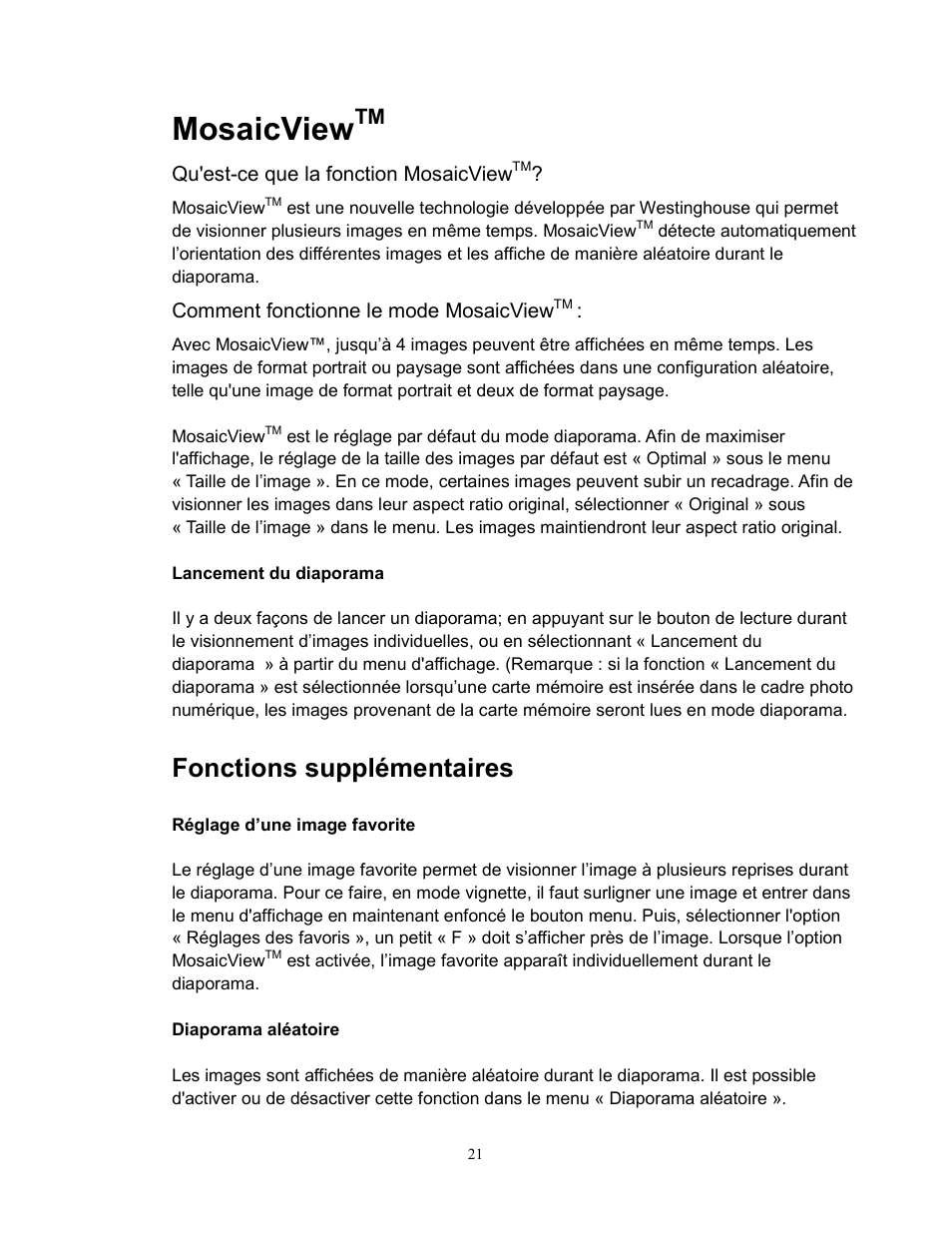 Mosaicview, Fonctions supplémentaires | Westinghouse DPF-0702 User Manual | Page 22 / 48