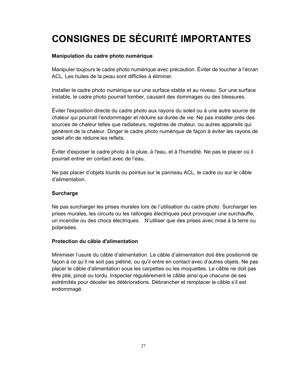 Consignes de sécurité importantes | Westinghouse DPF-0702 User Manual | Page 28 / 48