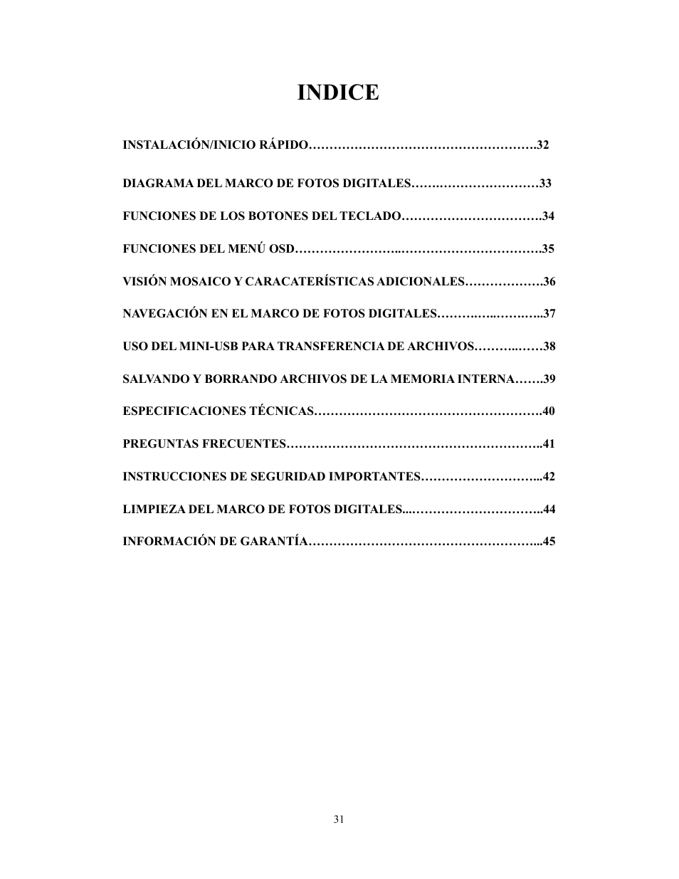 Indice | Westinghouse DPF-0702 User Manual | Page 32 / 48