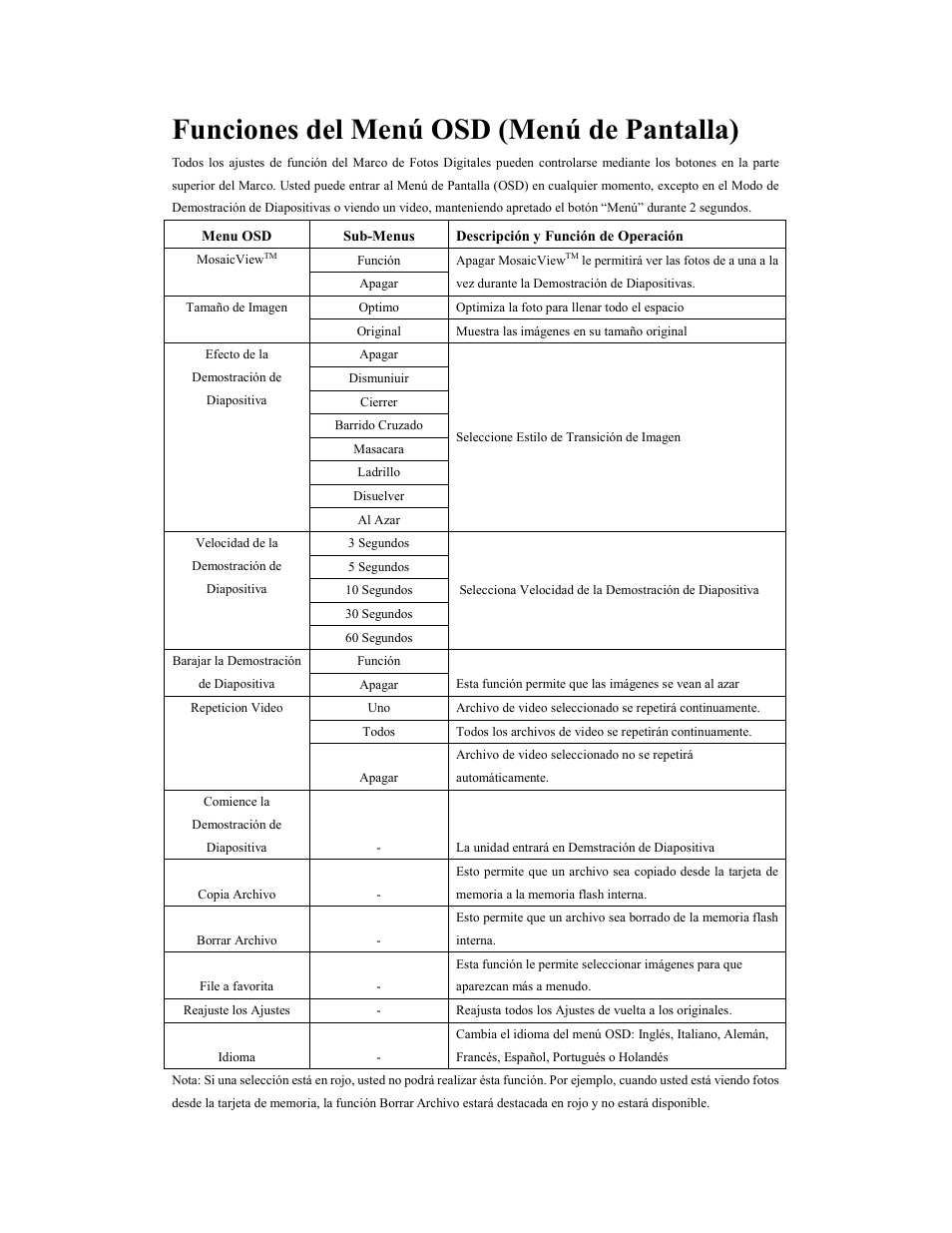 Funciones del menú osd (menú de pantalla) | Westinghouse DPF-0702 User Manual | Page 36 / 48