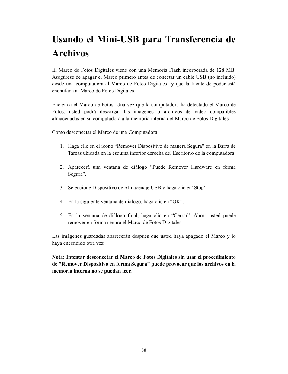 Usando el mini-usb para transferencia de archivos | Westinghouse DPF-0702 User Manual | Page 39 / 48