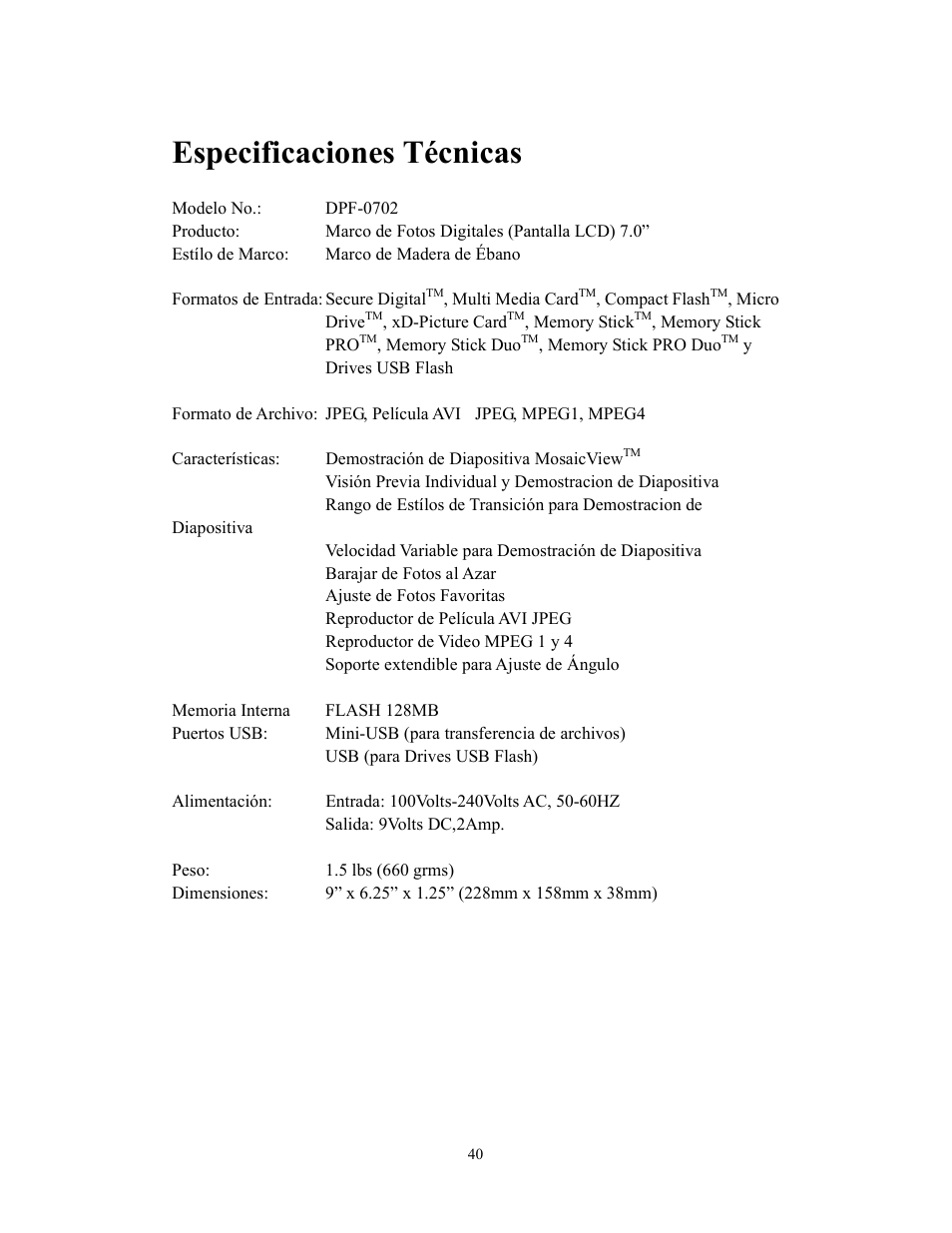 Especificaciones técnicas | Westinghouse DPF-0702 User Manual | Page 41 / 48