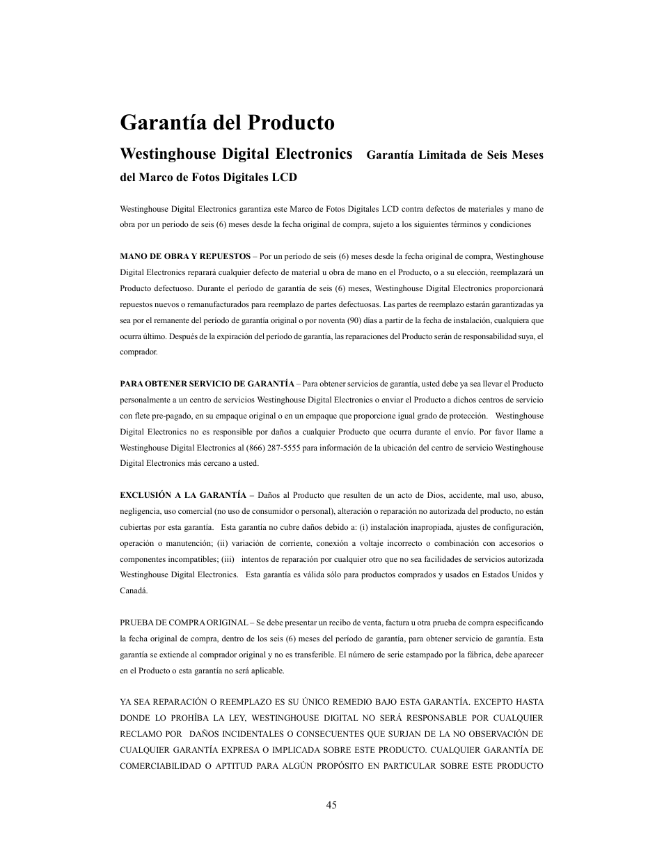 Garantía del producto, Westinghouse digital electronics | Westinghouse DPF-0702 User Manual | Page 46 / 48