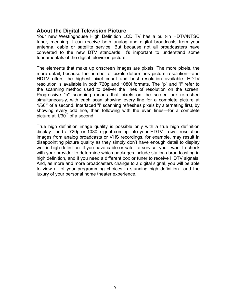 About the digital television picture | Westinghouse SK-16H120S User Manual | Page 11 / 46