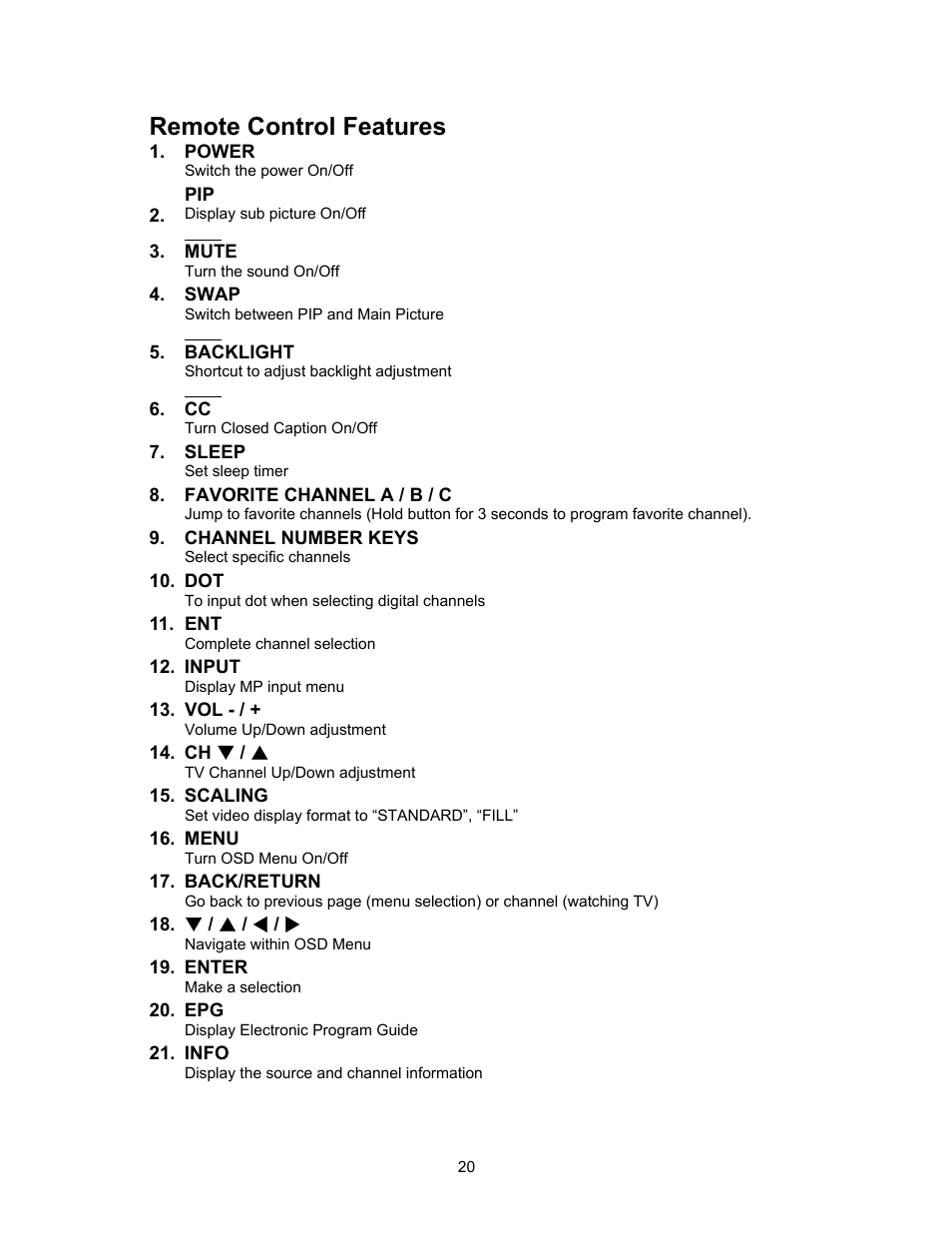 Remote control features | Westinghouse SK-16H120S User Manual | Page 22 / 46