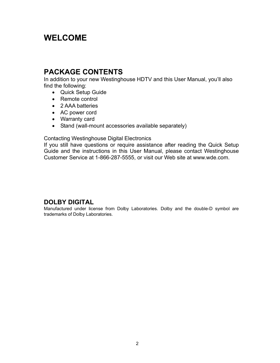 Welcome, Package contents | Westinghouse SK-16H120S User Manual | Page 4 / 46