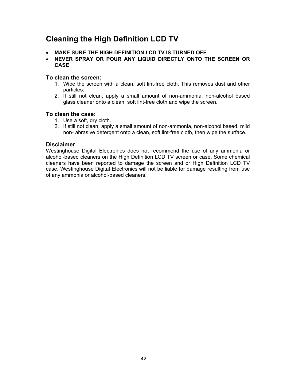 Cleaning the high definition lcd tv | Westinghouse SK-16H120S User Manual | Page 44 / 46
