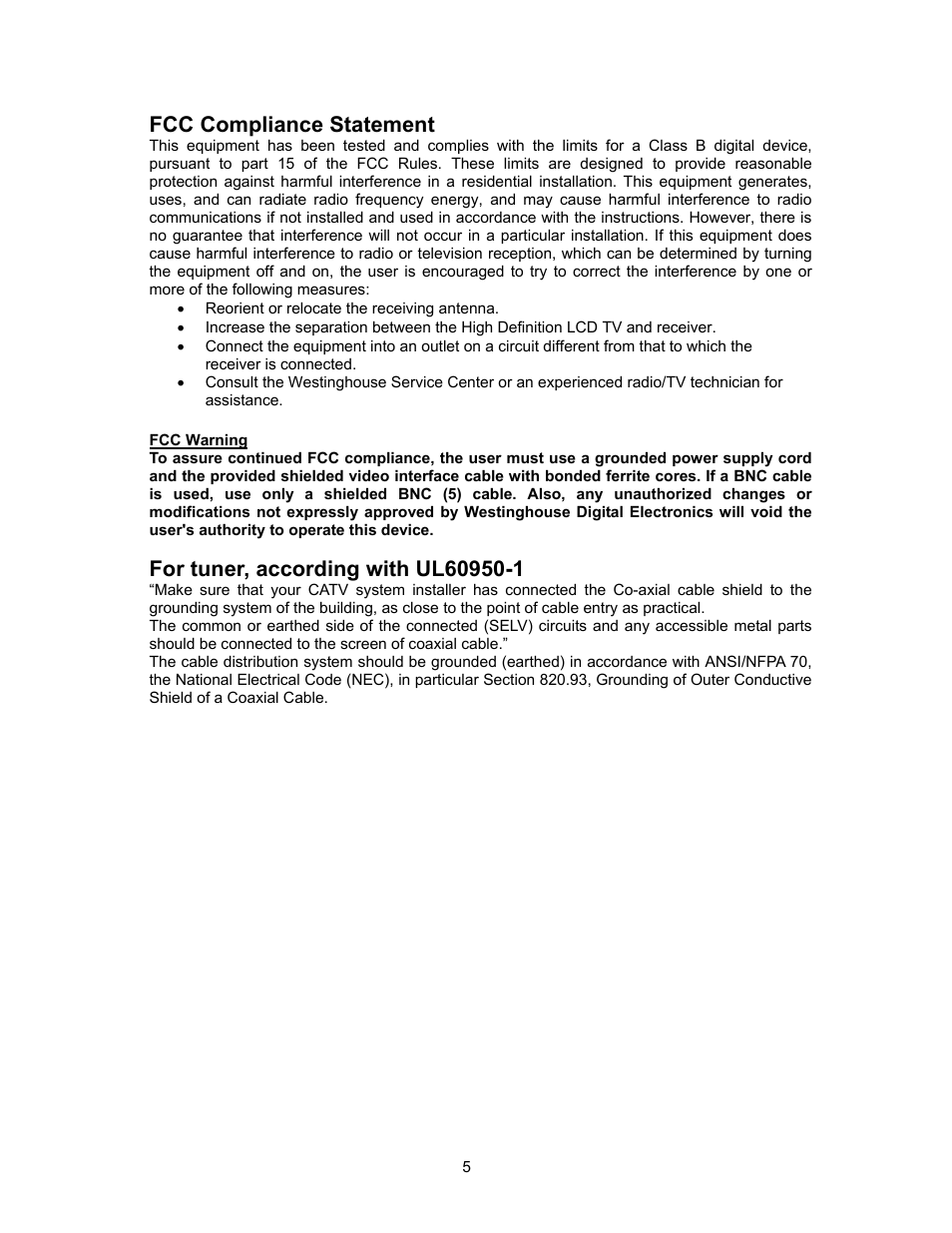 Fcc compliance statement | Westinghouse SK-16H120S User Manual | Page 7 / 46