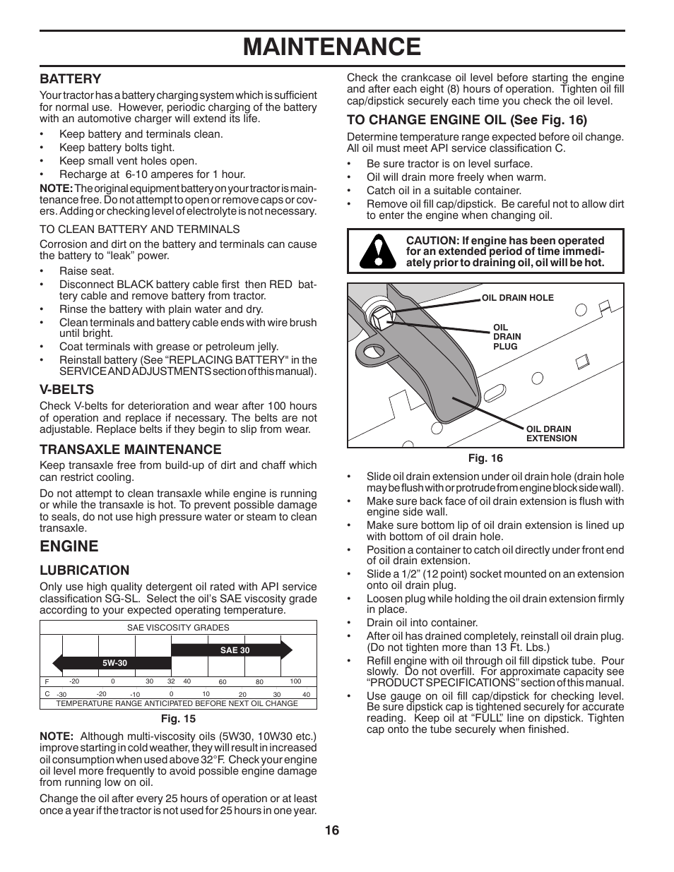 Maintenance, Engine, V-belts | Lubrication, Transaxle maintenance, Battery | Weed Eater 960480001 User Manual | Page 16 / 28