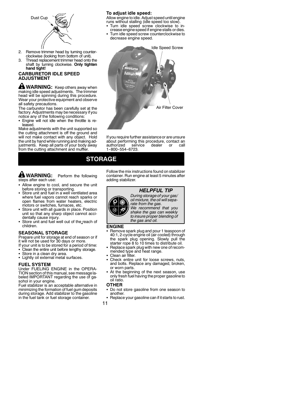 Storage, Warning, Helpful tip | Weed Eater FX26SC User Manual | Page 11 / 14