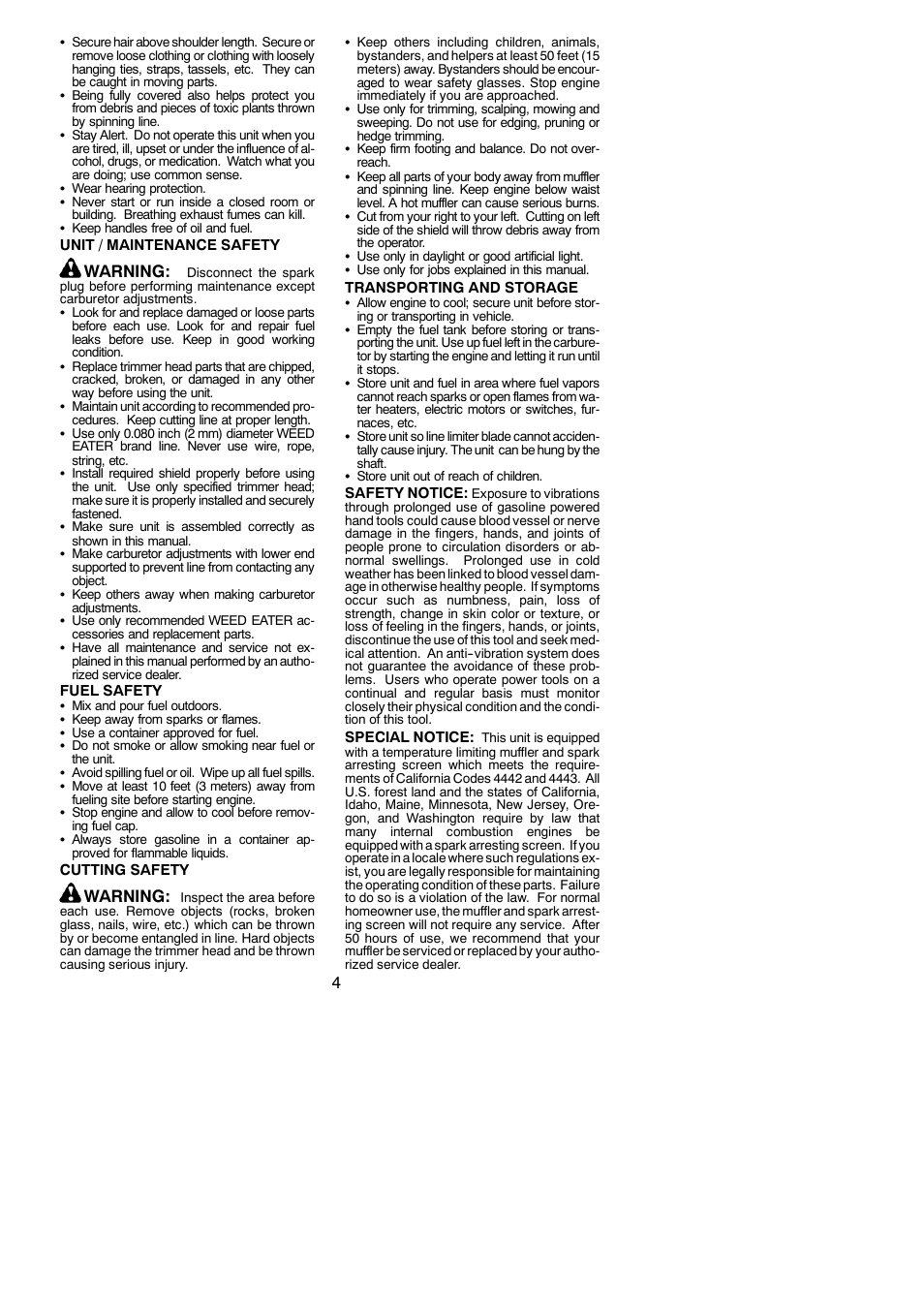 Warning | Weed Eater FX26SC User Manual | Page 4 / 14