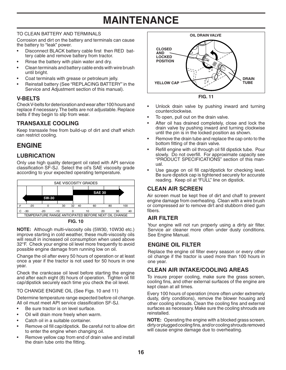 Maintenance, Engine, V-belts | Transaxle cooling, Lubrication, Clean air screen, Clean air intake/cooling areas, Air filter, Engine oil filter | Weed Eater 191087 User Manual | Page 16 / 48
