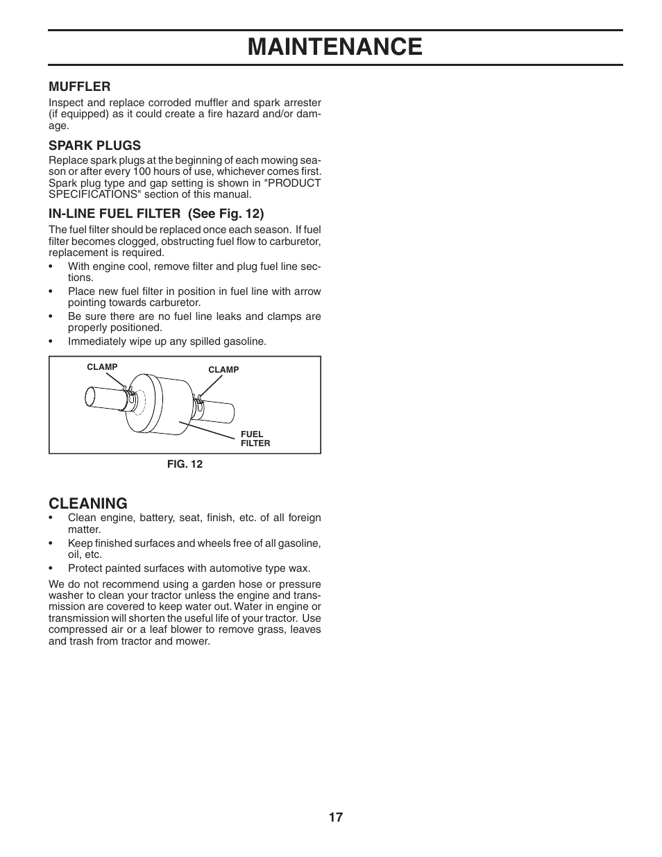 Maintenance, Cleaning | Weed Eater 191087 User Manual | Page 17 / 48