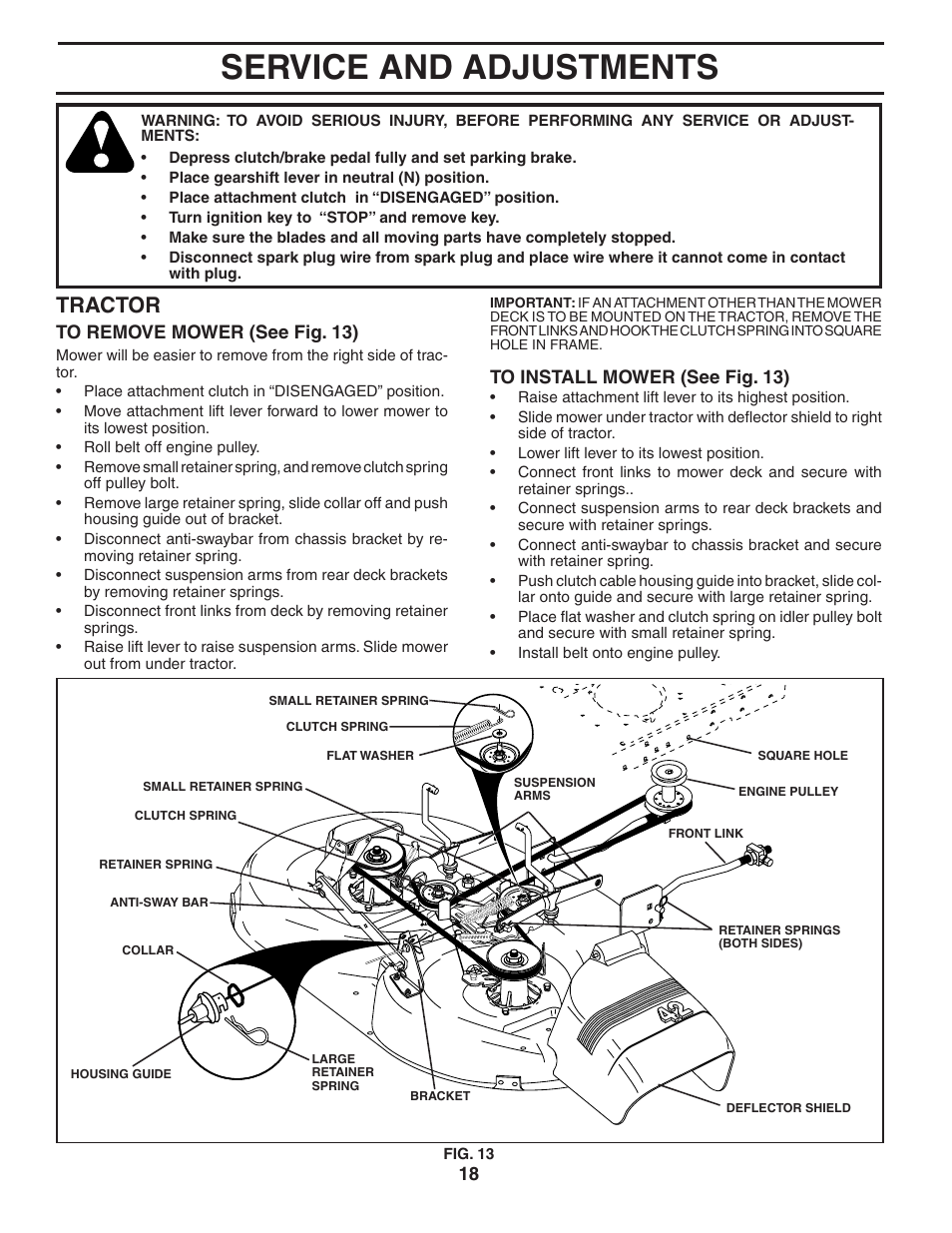 Service and adjustments, Tractor | Weed Eater 191087 User Manual | Page 18 / 48