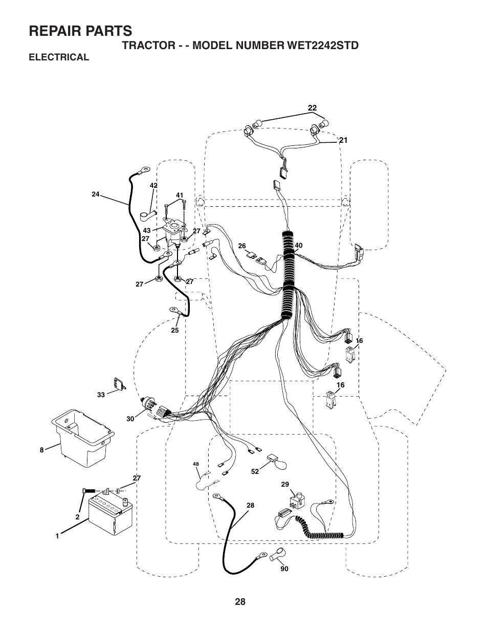 Repair parts, Tractor - - model number wet2242std, Electrical | Weed Eater 191087 User Manual | Page 28 / 48