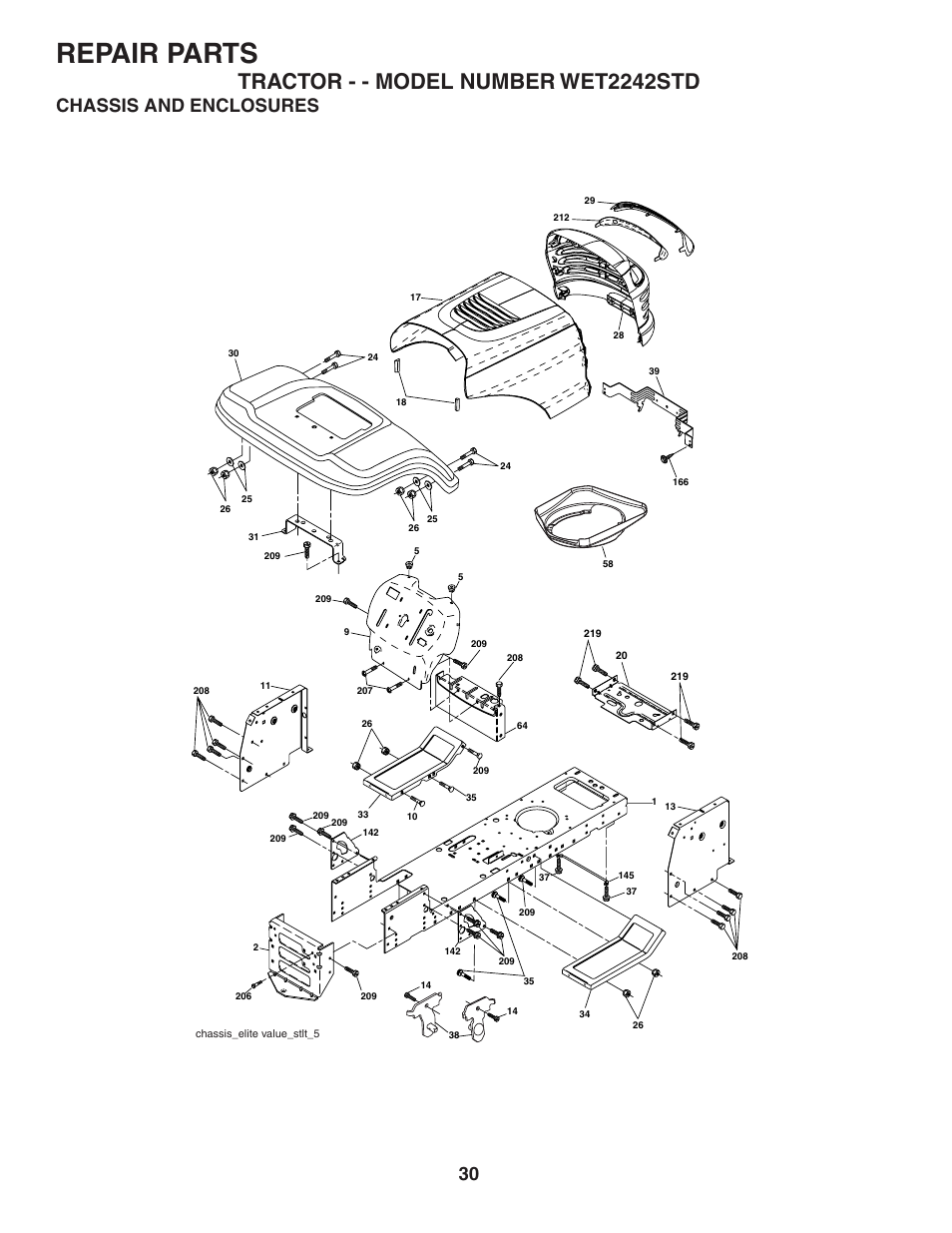 Repair parts, Tractor - - model number wet2242std, Chassis and enclosures | Weed Eater 191087 User Manual | Page 30 / 48