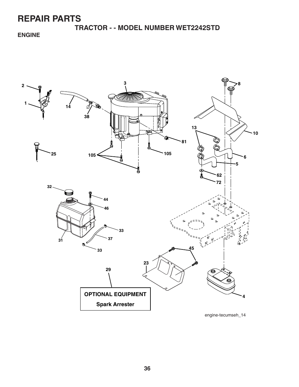 Repair parts, Tractor - - model number wet2242std | Weed Eater 191087 User Manual | Page 36 / 48