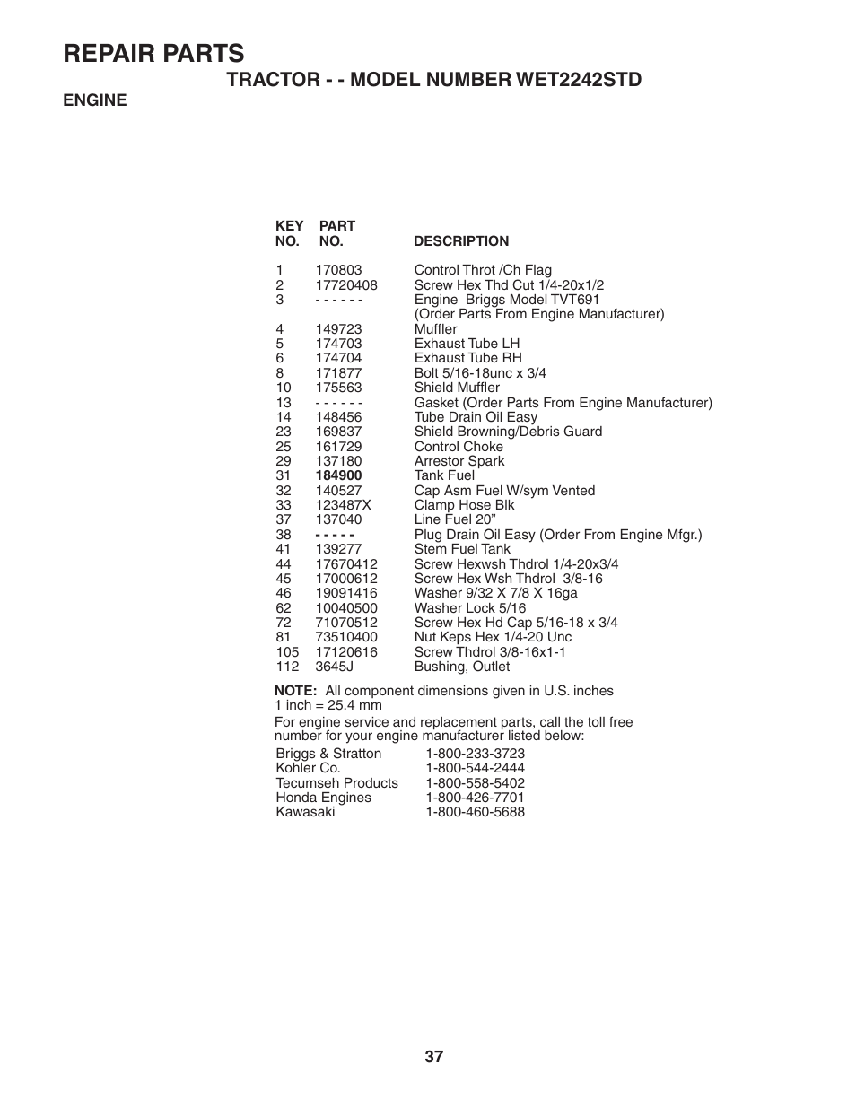 Repair parts, Tractor - - model number wet2242std | Weed Eater 191087 User Manual | Page 37 / 48
