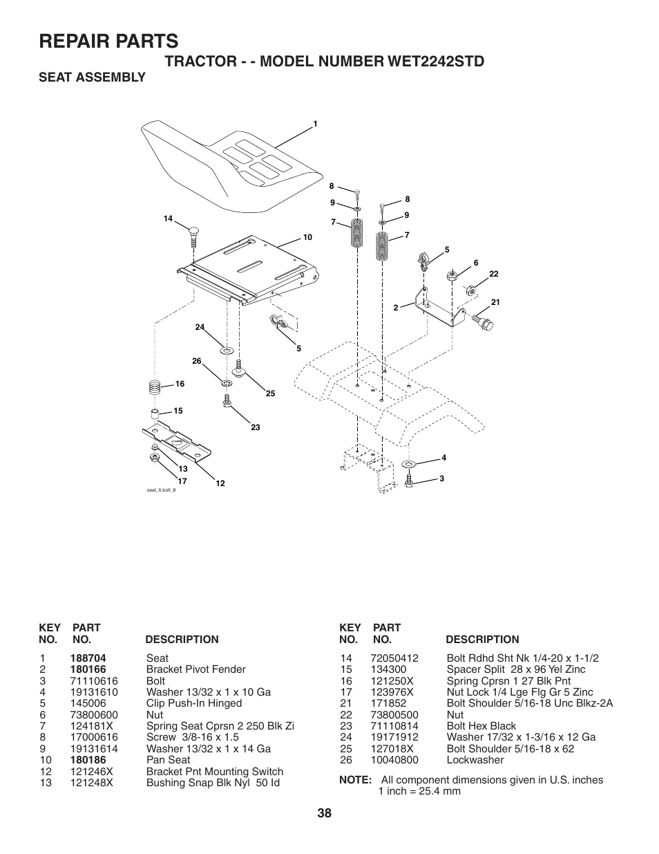 Repair parts, Tractor - - model number wet2242std, Seat assembly | Weed Eater 191087 User Manual | Page 38 / 48
