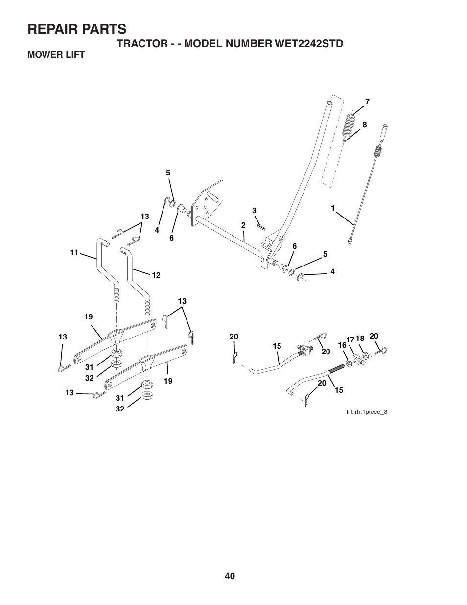 Repair parts, Tractor - - model number wet2242std | Weed Eater 191087 User Manual | Page 40 / 48