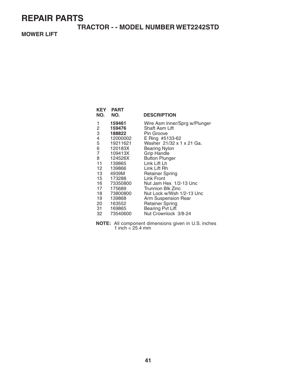 Repair parts | Weed Eater 191087 User Manual | Page 41 / 48