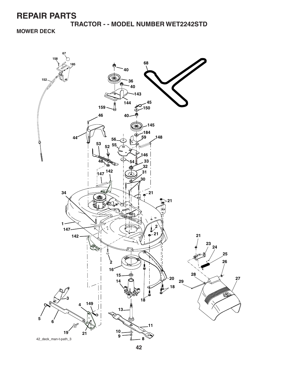 Repair parts, Tractor - - model number wet2242std, Mower deck | Weed Eater 191087 User Manual | Page 42 / 48