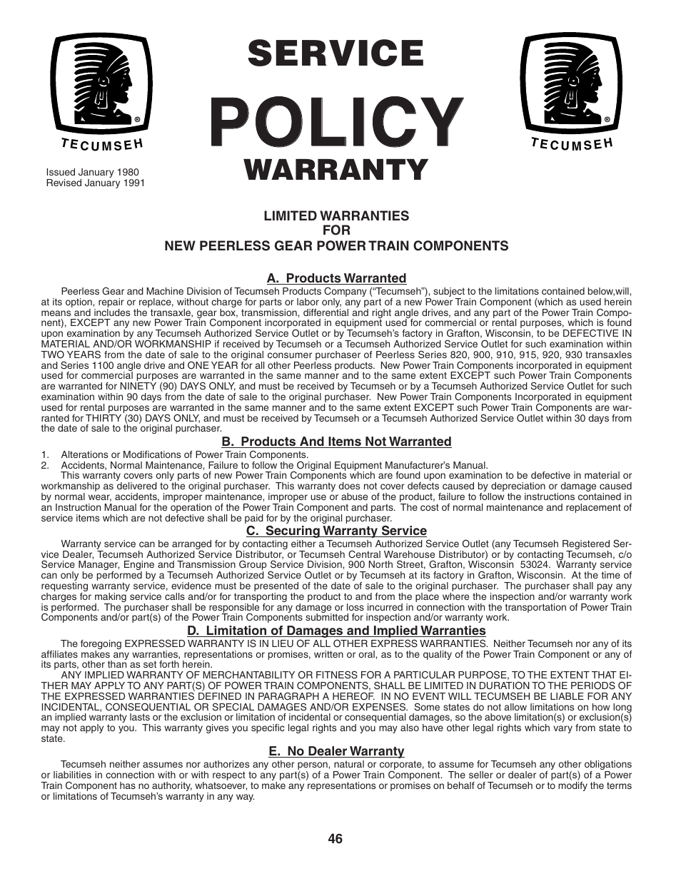 Policy, Service, Warranty | Weed Eater 191087 User Manual | Page 46 / 48