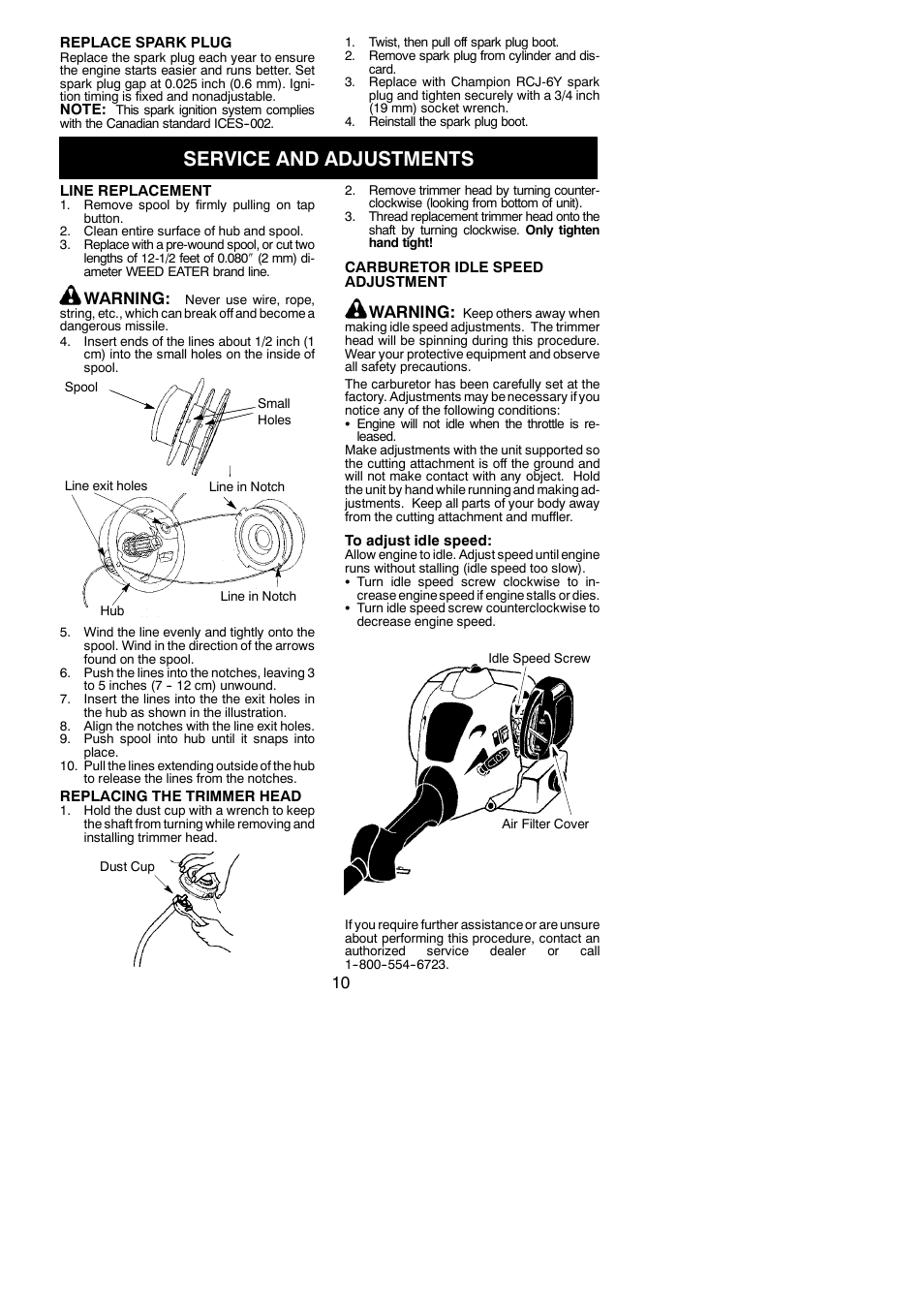 Service and adjustments, Warning | Weed Eater 795711814 User Manual | Page 10 / 14