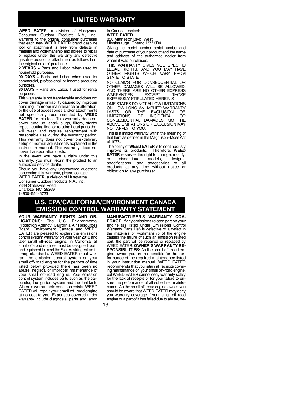 Limited warranty | Weed Eater 952711797 User Manual | Page 13 / 14