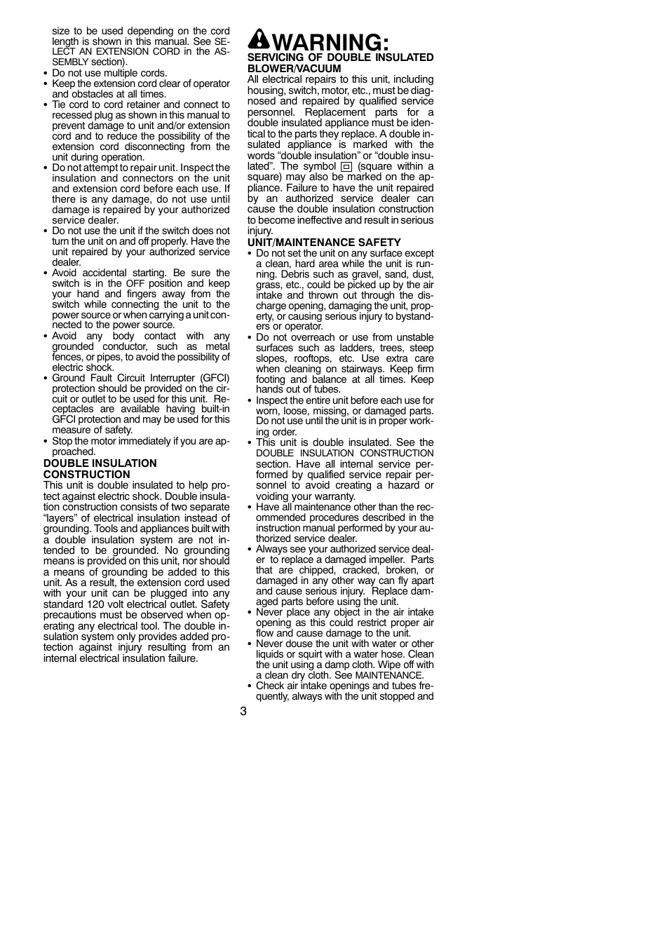 Warning | Weed Eater EBV 200W User Manual | Page 3 / 10