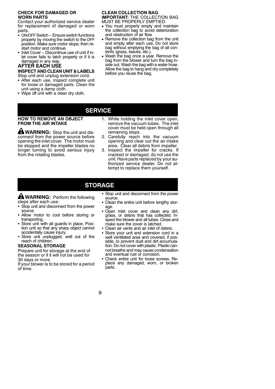 Service, Storage | Weed Eater EBV 200W User Manual | Page 9 / 10