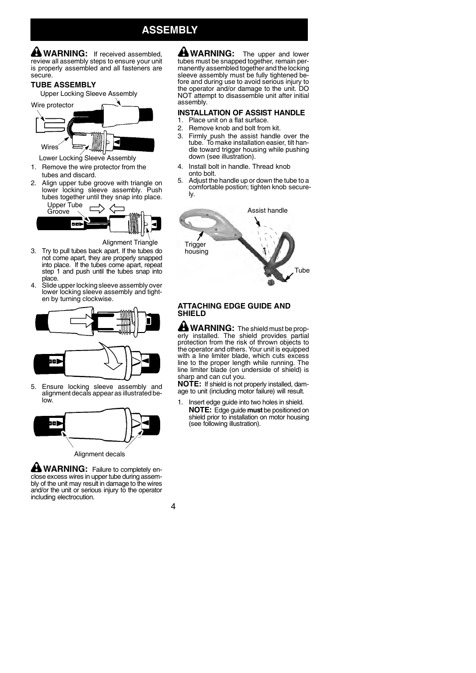 Assembly, Warning | Weed Eater 245157 User Manual | Page 4 / 10
