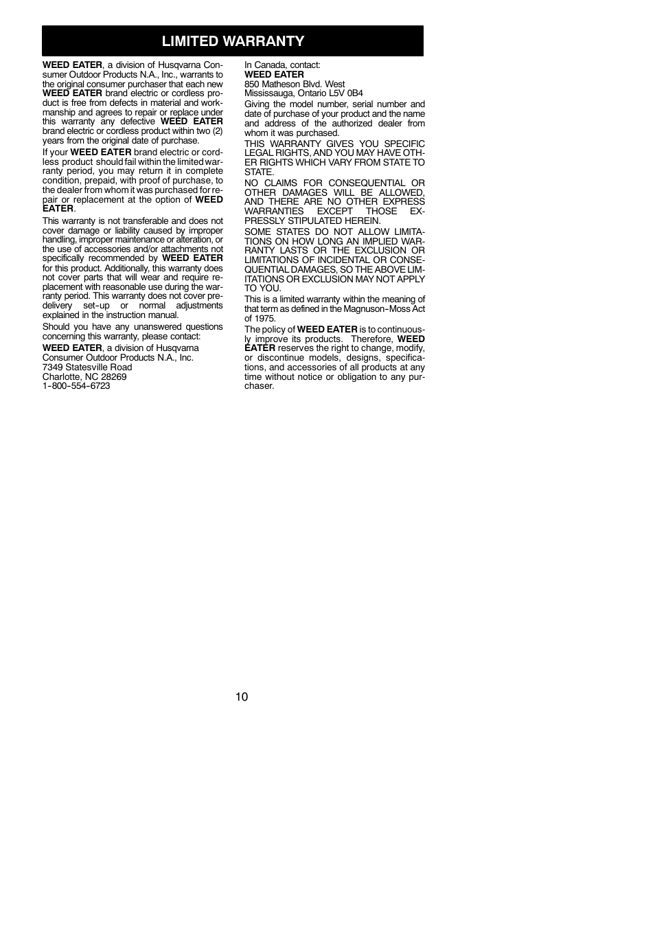 Limited warranty | Weed Eater 952711899 User Manual | Page 10 / 10