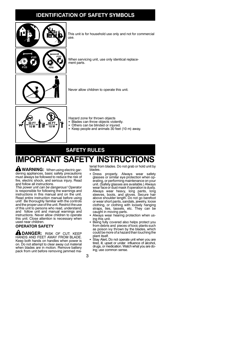 Safety rules, Important safety instructions, Identification of safety symbols | Weed Eater 952711899 User Manual | Page 3 / 10