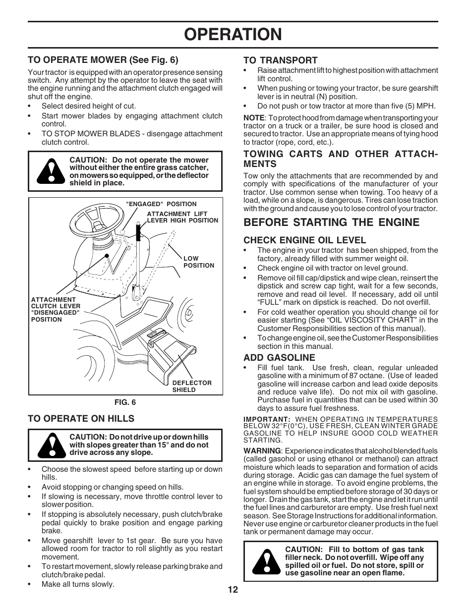 Operation, Before starting the engine | Weed Eater WE12538K User Manual | Page 12 / 48