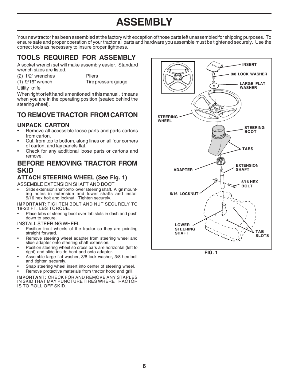 Assembly, Tools required for assembly, Before removing tractor from skid | Weed Eater WE12538K User Manual | Page 6 / 48