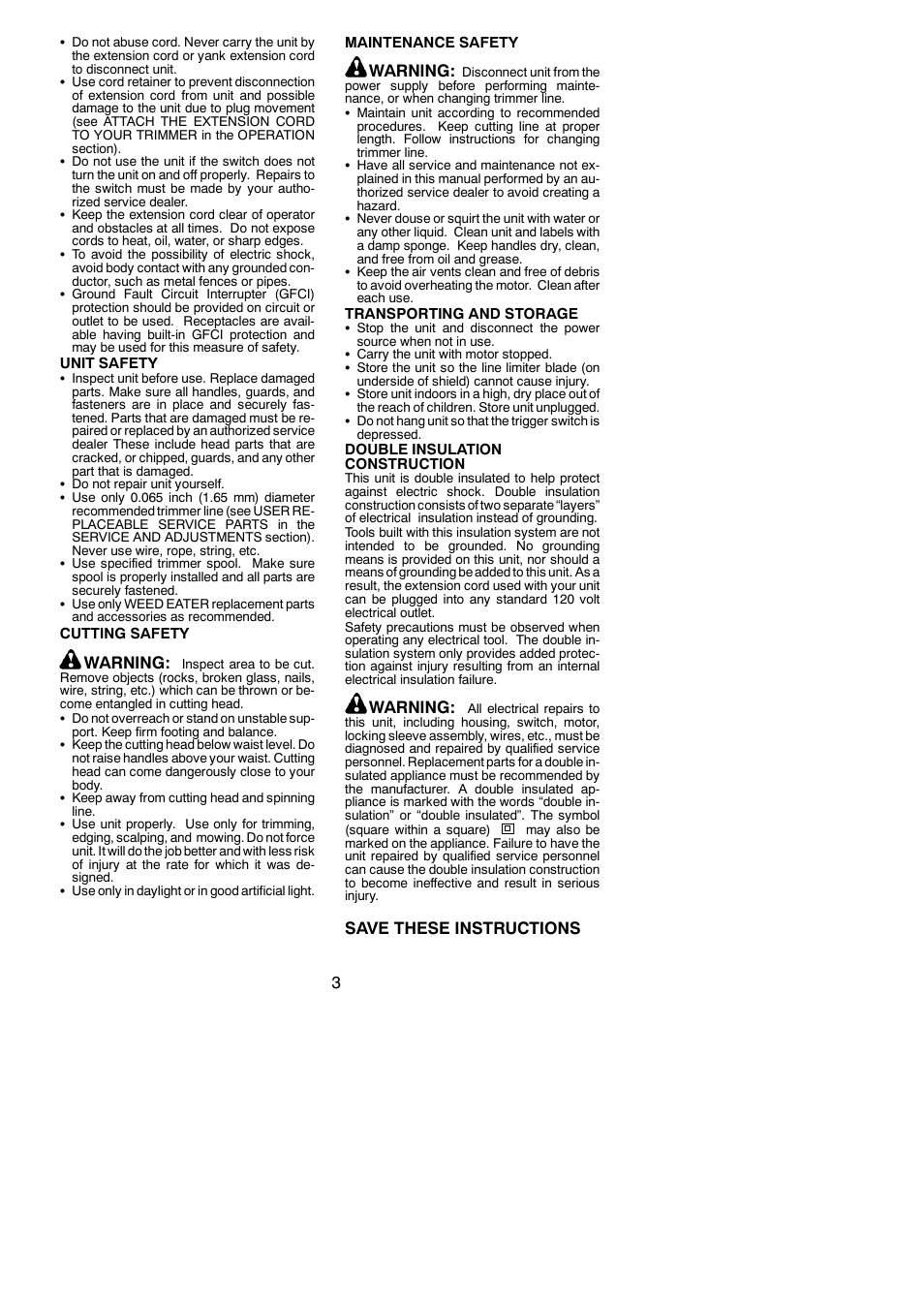 Warning, Save these instructions | Weed Eater 545167695 User Manual | Page 3 / 10