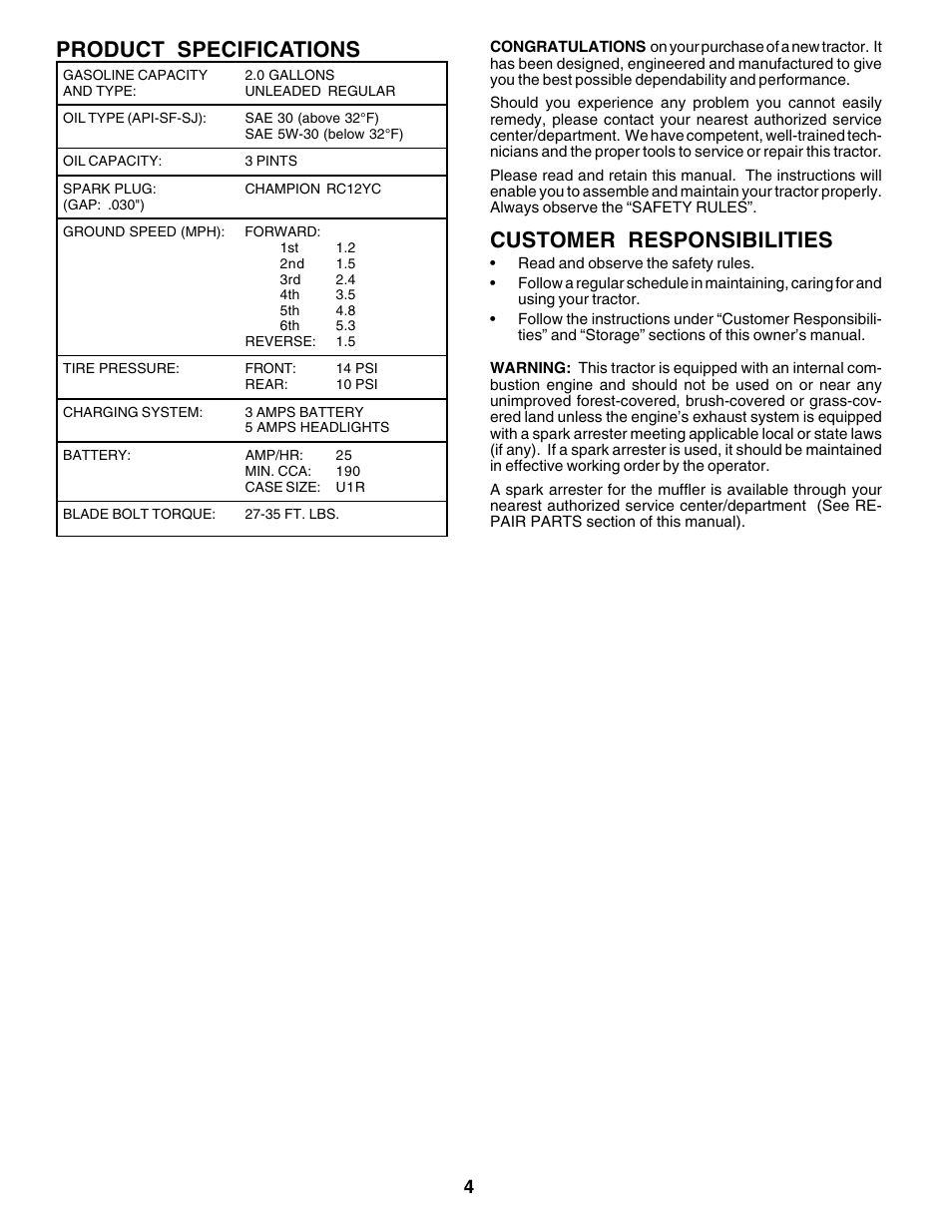 Product specifications, Customer responsibilities | Weed Eater 180530 User Manual | Page 4 / 48