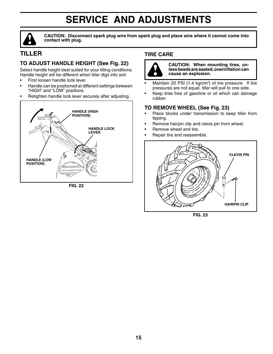 Service and adjustments, Tiller | Weed Eater 186100 User Manual | Page 15 / 28