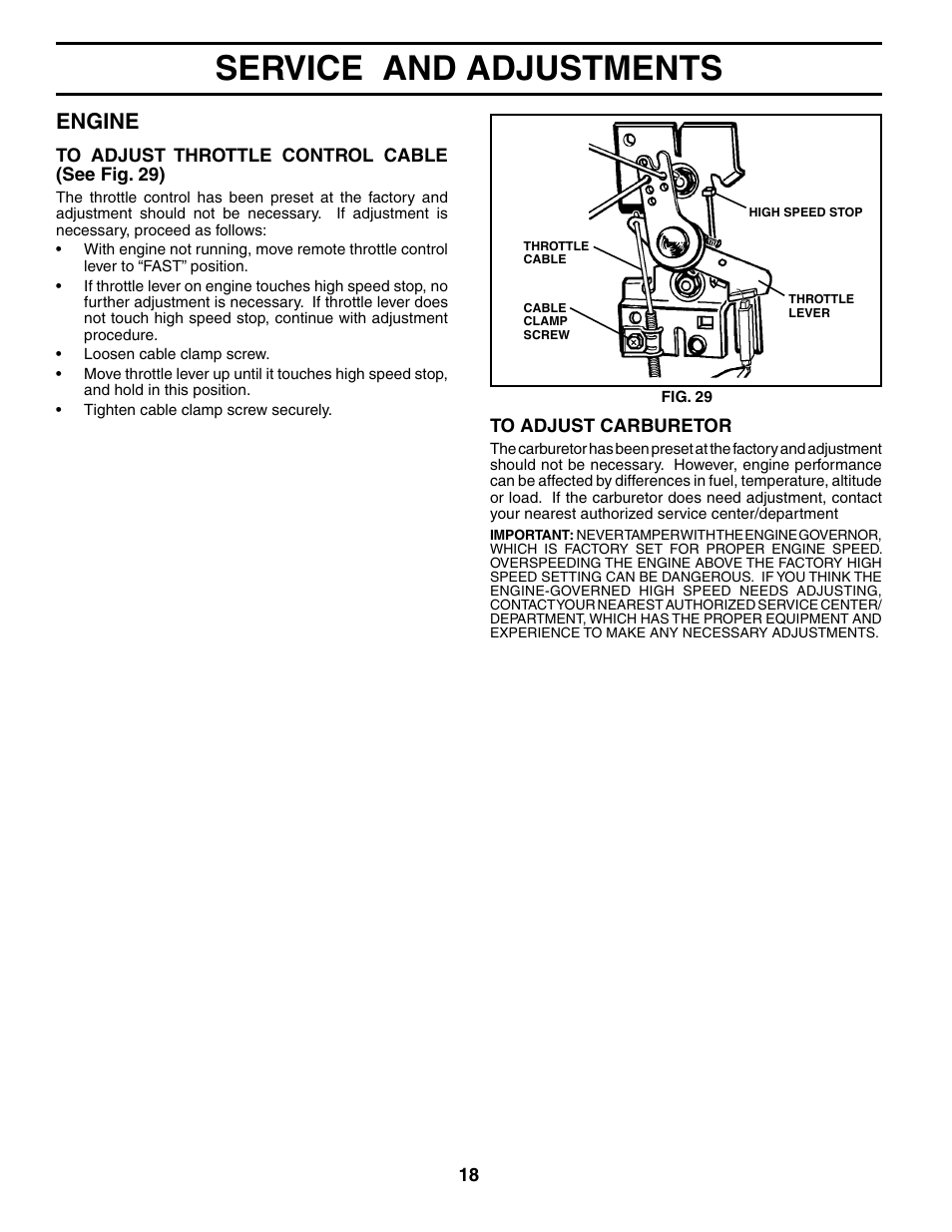 Service and adjustments, Engine | Weed Eater 186100 User Manual | Page 18 / 28