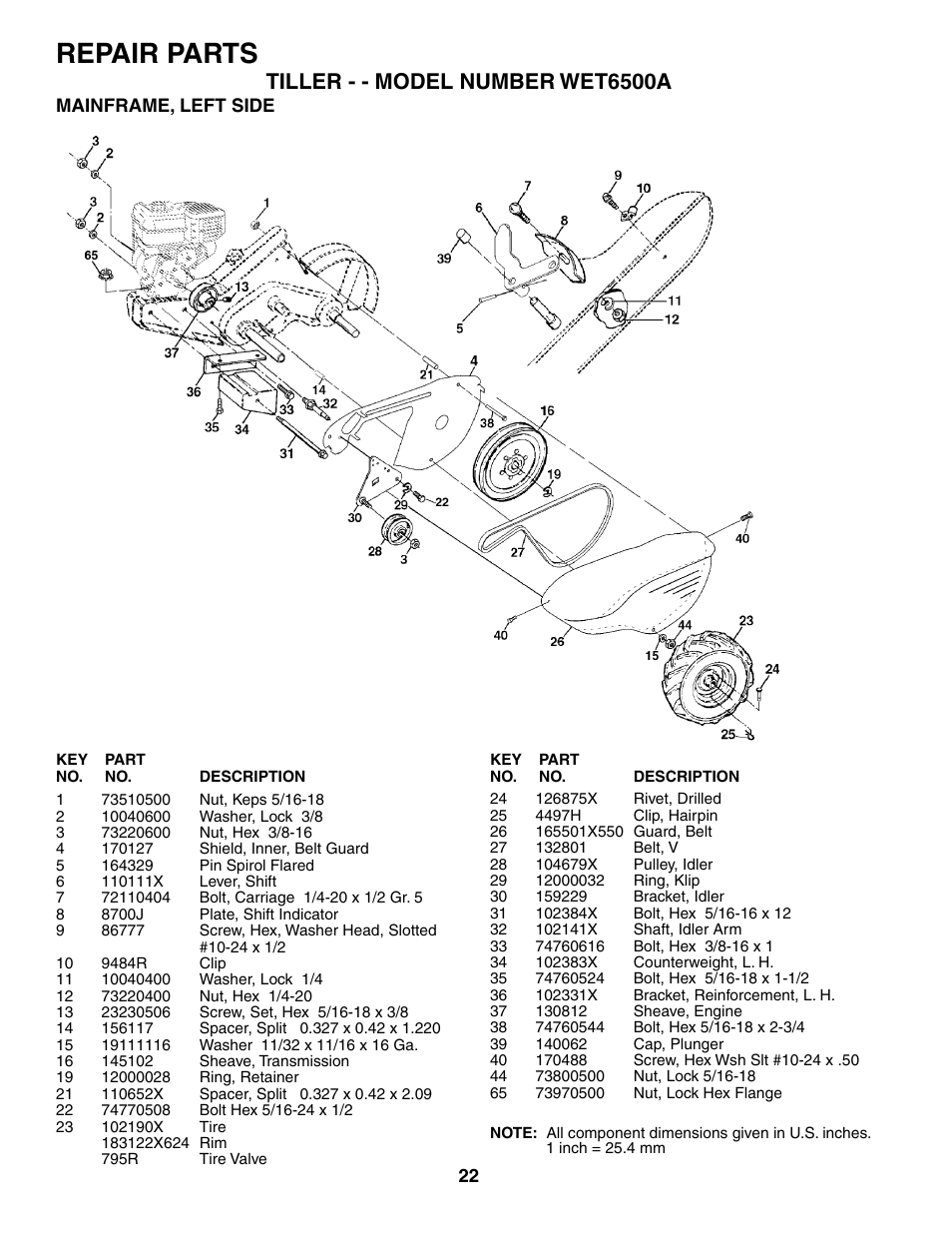 Repair parts, Tiller - - model number wet6500a | Weed Eater 186100 User Manual | Page 22 / 28