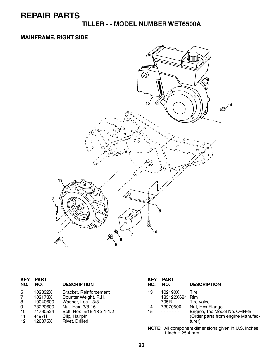 Repair parts, Tiller - - model number wet6500a | Weed Eater 186100 User Manual | Page 23 / 28