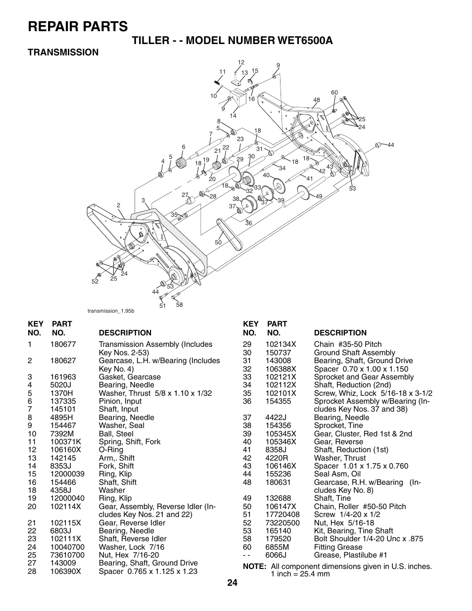 Repair parts, Tiller - - model number wet6500a, Transmission | Weed Eater 186100 User Manual | Page 24 / 28