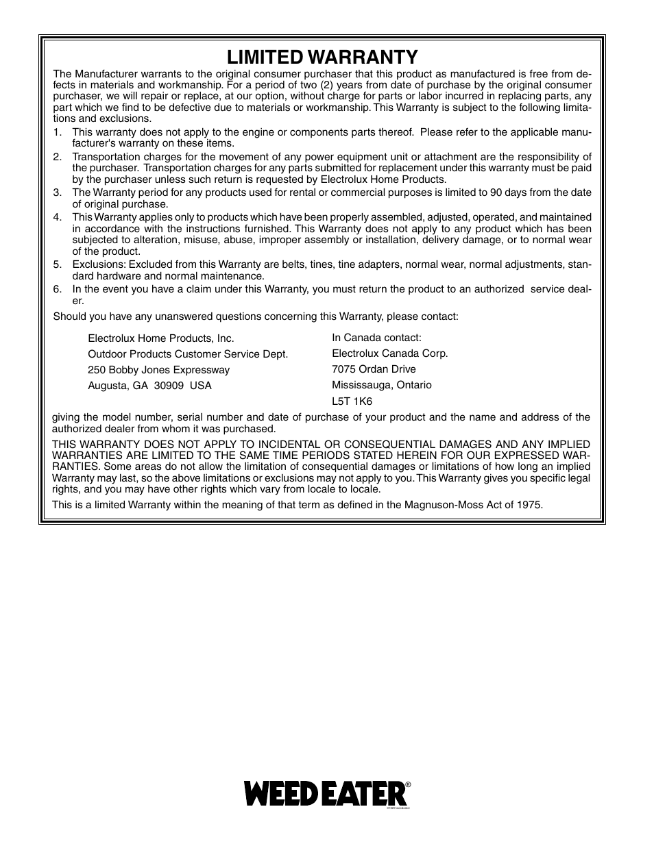 Limited warranty | Weed Eater 186100 User Manual | Page 28 / 28