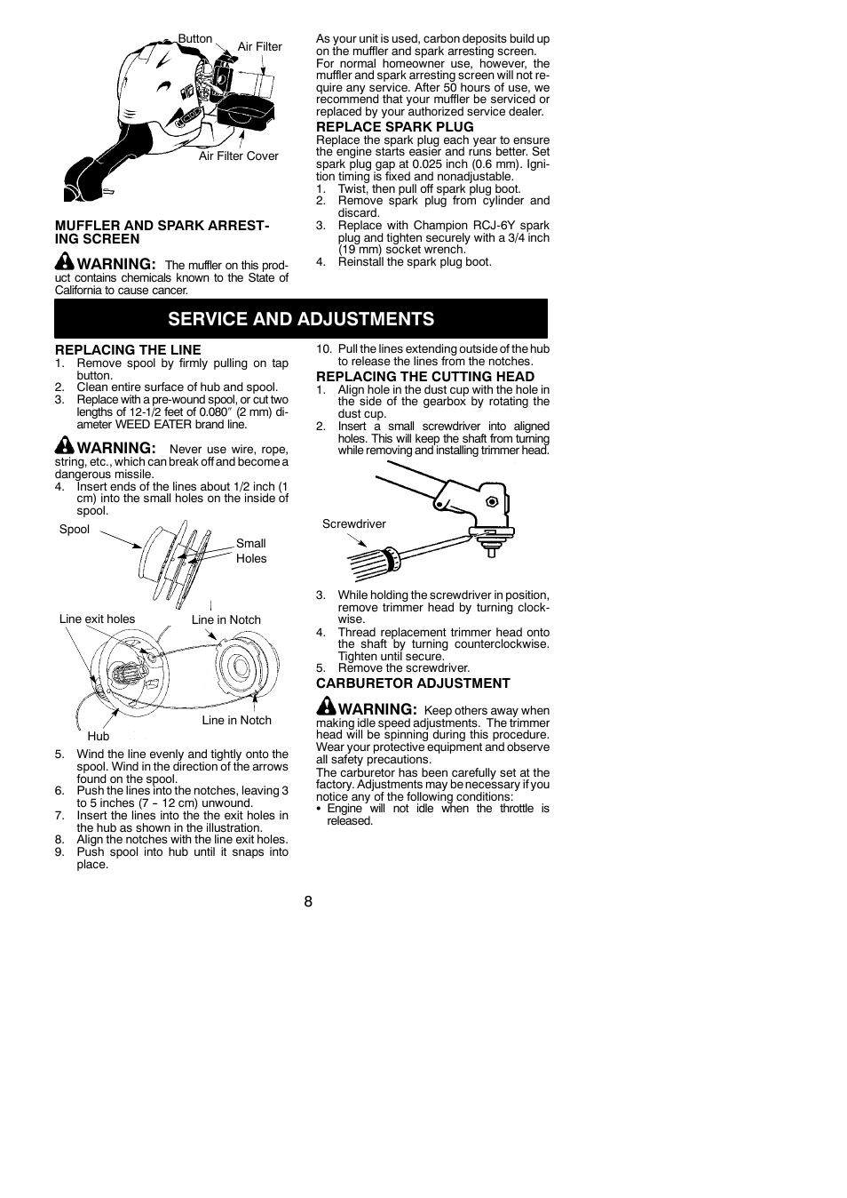 Service and adjustments, Warning | Weed Eater MX550 User Manual | Page 8 / 12