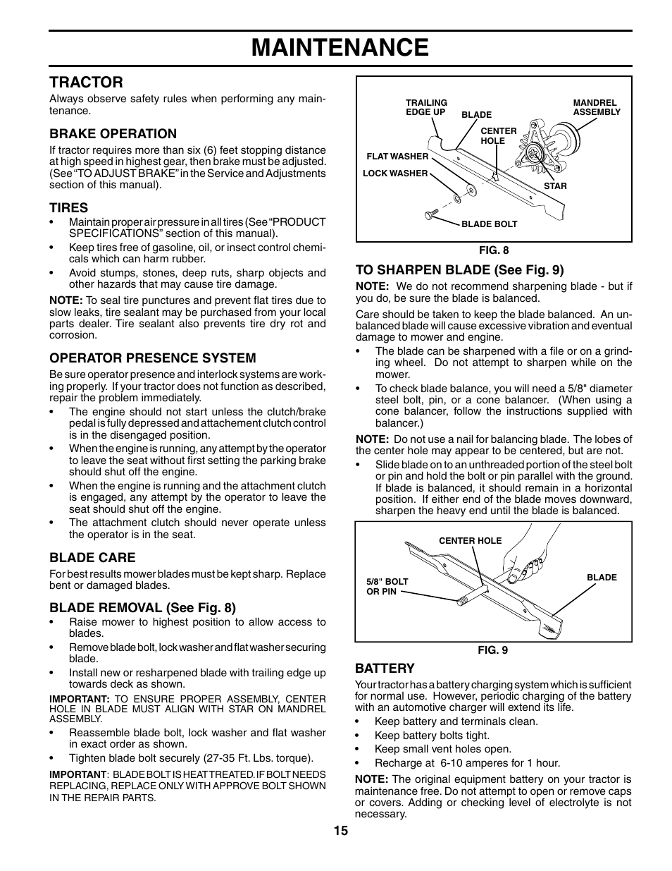 Maintenance, Tractor | Weed Eater WET1742STB User Manual | Page 15 / 30