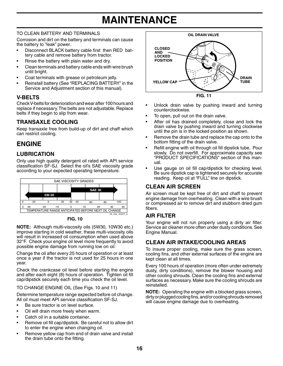 Maintenance, Engine, V-belts | Transaxle cooling, Lubrication, Clean air screen, Clean air intake/cooling areas, Air filter | Weed Eater WET1742STB User Manual | Page 16 / 30