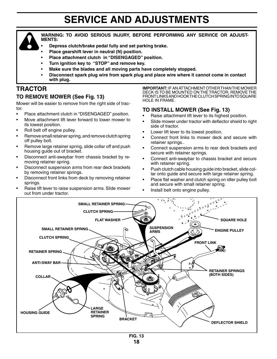 Service and adjustments, Tractor | Weed Eater WET1742STB User Manual | Page 18 / 30