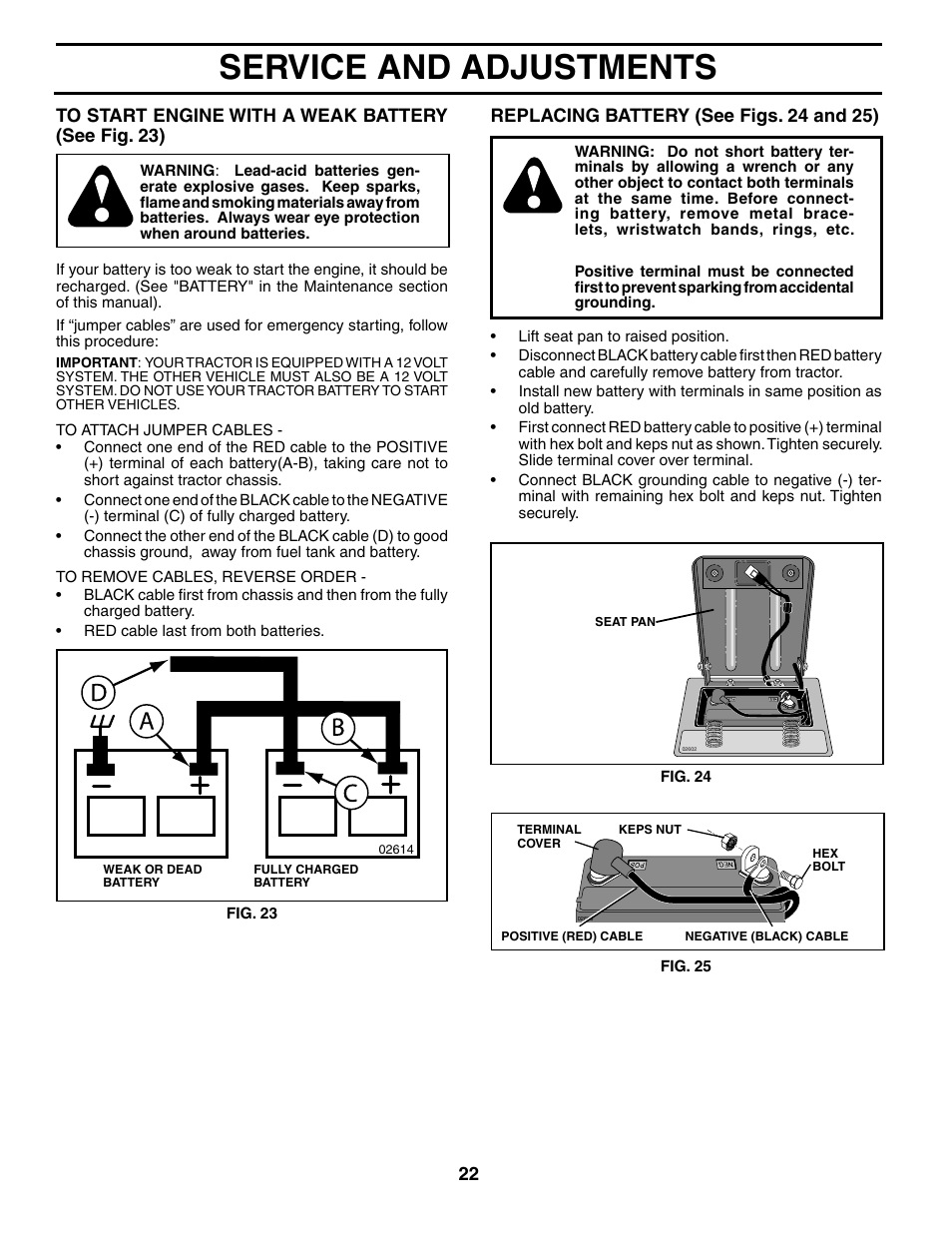 Service and adjustments, Replacing battery (see figs. 24 and 25) | Weed Eater WET1742STB User Manual | Page 22 / 30